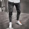 Jeans masculino cinza cintura elástica skinny 2023 elástico rasgado calça masculina streetwear jeans