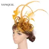 Bandane Durag Vintage Gold Sinamay Base Fascinator Copricapo Occasioni Veli da sposa rossi Accessori per capelli Piuma Millinery Cappello da cocktail MYQ010 230718