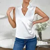 Women's Blouses 2023 Elegant Cross V-neck Sleeveless Pleated Shirt Silk Satin Tank Top Women Summer Blouse Ladies Casual Slim Fit Blusas