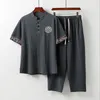 メンズトラックスーツ夏のメンズ半袖のトゥピース中国の綿TシャツとルーズパンツファッションカジュアルM9xl 230718