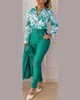 Женские брюки с двумя частями повседневные брюки с длинным рукавом набор офисной леди мода Элегантная v Neck Floral Print Брюки с двумя частями женской наряд 230717