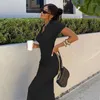Casual Dresses Womens Sexy Backless Lace Up Dress Split Side Hem Short Sleeve Bodycon Maxi Summer Polo Neck