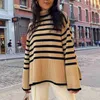 Women's Sweaters Striped Split Turtle Neck Women's Sweater Long Sleeve 2022 Knitted Extra Large Autumn Winter Women's Brushed Fashion Long Sleeve Top L230718