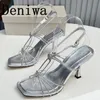 Sandaler 2023 Style Women High Heel Runway Designer Square Toe Cross bundet Ankel Strap Ladies Outside Sexy Party Dress 230718