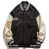 Jaquetas masculinas dos desenhos animados Urso Bordado Varsity Jacket Masculino Japão Harajuku Retro Basrball Uniforme Couro Costura Solto Diário Hip Hop