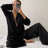 Kvinnors två bitar byxor satin pyjamaknapp ner sömnkläder nattklänning stänger av krage pajamas nattkläder med byxor 2st skjorta kostym 230718