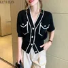 Women's Sweaters 2022 Summer Thin Ice Silk Knitted Cardigan Women's Korean Chic VNeck Singlebreasted Short Sleeve Sweater Femme Knitwear Tops J230718 J230718