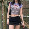 Camisetas femininas azul t-shirt crop tops para meninas adolescentes 2023 moda verão bolo de cereja impressão manga curta gola redonda top feminino sexy