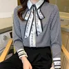 Nova camisa de gravata borboleta de outono para mulheres de manga comprida blusas estampas elegantes com o trabalho de trabalho