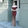 Robes de soirée rouge or paillettes hors de l'épaule à manches courtes sirène élégante robe longue formelle pour les femmes Sexy Clubwear 2023