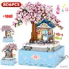 Blöcke Mini Kirschblüten Rotierende Musik Bausteine Stadt Freunde Baum Haus DIY Ziegel Spielzeug für Mädchen Kinder Geschenk R230718
