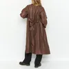 Women's Leather Fall Trench Casual Fashion Chic Belted Faux Coat Vintage Lapel Long Sleeve Slim Fit Solid Color Jacket