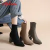 Aphixta 8cm Metal Concave Square Heel Stretch Fabrics Sock Boots Women Shoes Camel Stretch Knit Pointed Toe Boots L230704