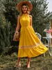 Casual Dresses Yellow Sleeveless Halter Neck Summer Dress Women's Sexy Hollow Folded Lace Bohemian Fashion High-waist Slim Beach