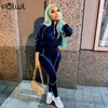 Women's Two Piece Pants FQLWL Fall Streetwear 2 Two Piece Sets Tracksuit Women Outfits Long Sleeve Crop Top Joggers Pants Suits Blue Matching Sets 230717