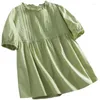 T-shirts pour femmes col en dentelle orgue plissé à manches courtes chemise de poupée ample couleur unie coton pull marée