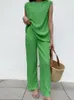 Women's Two Piece Pants Summer Retro Leisure Pleated Vest Set Fashion Green Women Sportswear Urban Pantsuit