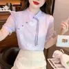 Women's Blouses Chiffon Shirt Women Summer 2023 Jacquard Chinese Style Slim Fit Short Puff Sleeves Vintage Top O-neck YCMYUNYAN