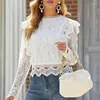 Damesblouses Vlekkanten overhemdbodem Sexy opengewerkte lange mouw Frisse zoete schoonheid T-shirt Damestops Blouse Dames