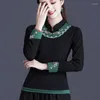 Abbigliamento etnico Cheongsam Taglie forti da donna Top 2023 Misto cotone Ricamo Giuntura Colletto alla coreana Manica lunga Camicie Qipao in stile cinese