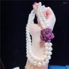 Chains 2rows Freshwater Pearl Necklace White Near Round 44-46cm Red Zircon Flower Wholesale Nature Beads