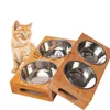 Tigelas para cães Alimentadores Outros suprimentos para animais de estimação Tigela para gatos Urso Placa de bambu Tigela dupla Natural Durável Madeira de segurança Aço inoxidável Cat Dog Utility Tigela dupla x0715