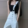 レディースパンツ2023ファッションファムストリートウェアカジュアルジーンズ女性ハイウエストボタンハンサムホワイトオーバーオール女性韓国ストレートデニム