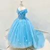 Luxury Sky Blue Shiny Flower Girls Dress For Wedding Bow Appliques Crystal Ball Gowns Cute Child Dress vestidos para ninas