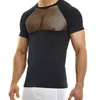 T-shirts pour hommes Sexy voir à travers maille Patchwork chemise hommes été à manches courtes col rond mode hauts minces pour hommes T-Shirts transparents