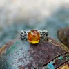 Cluster Rings Fashion Woman Amber Stone Ancient Silver Color Ring Vintage Flower Branch Jewelry Classic Wedding Party for Women JZ543