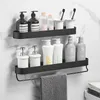 Badrumshyllor Nordiskt badrumshylla Rack Inga borrväggmonterade hyllor Badhandduk Hållare Black Shower Storage Basket Badrum Tillbehör 230717