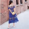Parti Elbiseleri JSXDHK Pist Tasarımcısı Yaz Kadınlar Uzun Elbise 2023 Kendinden Portre Seksi Dantel İçi Döküm Patchwork Mesh Mavi Maxi