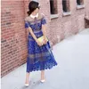 Vestidos de fiesta JSXDHK Runway Designer Summer Women Vestido largo 2023 Autorretrato Sexy Lace Hollow Out Patchwork Mesh Blue Maxi