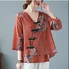 Roupa étnica 2023 Chinês Vintage Hanfu Tops Estampado Flor Nacional Blusa de Linho de Algodão Serviço Oriental com Decote em V Camisa Retro Zen