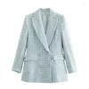 Giacche da donna Elegante giacca di tweed blu chic Giacca da donna 2023 Moda colletto rovesciato Tasche a doppio petto Capispalla Abiti da ufficio da donna