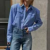 Women's Blouses Blue Striped Button Up Shirt For Women Spring 2023 Fashion Shoulder Pad Long Sleeve Cotton Loose Top Office Lady Business