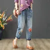 Damen-Jeans, lässig, bequem, literarische Stickerei, elastisch, hohe Taille, Schnitthose