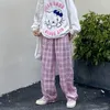 Calça feminina Japonês Harajuku Streetwear Xadrez Moda Feminina Rosa Cintura Alta Calça Casual Solta para Todos os Jogos Hip Hop Harém