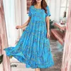 Casual Dresses Women Summer Dress Flower Print A-line Loose Hem Pleated Short Sleeve Ankle Length Lady Vacation Beach Maxi Clothes