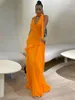 Casual klänningar sexiga ruffles halter klänning kvinnor elegant djup v-ringning rygglös delad krage blixtlås med bodycon klubbkläder sommar orange sundress