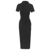 Casual Dresses Womens Sexy Backless Lace Up Dress Split Side Hem Short Sleeve Bodycon Maxi Summer Polo Neck