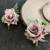 Flores decorativas 2 pçs casamento Boutonniere corsage flor rosa artificial noivos padrinhos noiva damas de honra champanhe rosa