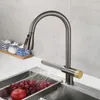 Torneiras de cozinha 360° giratória em cascata torneira de pia arma de metal aço inoxidável elegante ajustável pull-out com pulverizador de chuva