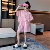 Clothing Sets Hot Casual New Loose Sport Trousers Children Girl Suit Summer Five Quarter T-shirt Short 2PC Teens Stripe Pant