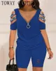 Women Summer Rhinestone Cold Shoulder Cutout Zipper Top & High Waist Shorts Set