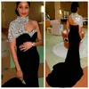 2023 Bling Bling Elegant Black Long Mermaid Evening Dresses High Neck Crystal Beaded Short Sleeves Women Crystal Beaded Formal Prom Gowns