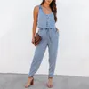 Kvinnors jeans kvinnor sommar jumpsuit v hals ärmlös dam fast färg elastisk midja lös denim övergripande tätt