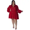 Plus storlek klänningar spetsar kvinnor långa ärmar skjorta klänning bälte mode avslag nackknappar elegant avslappnad del 3xl 4xl 5xl 6xl