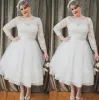 Robes de mariée vintage grande taille robe de mariée en dentelle avec 3/4 manches longues ruban tulle une ligne thé longueur encolure dégagée sur mesure vestidos de novia