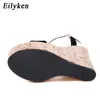 Sandalen Eilyken Mode Offene spitze Plattform Keile Frauen Sandalen Sommer Knöchel Schnalle Riemen High Heels Schwarz Römischen Freizeit Schuhe 230717